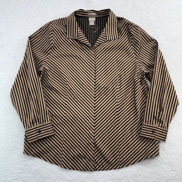 Chico's No Iron Sateen Striped Blouse Travel Office Tan Black Size 3 US 16/18 - Picture 8 of 13